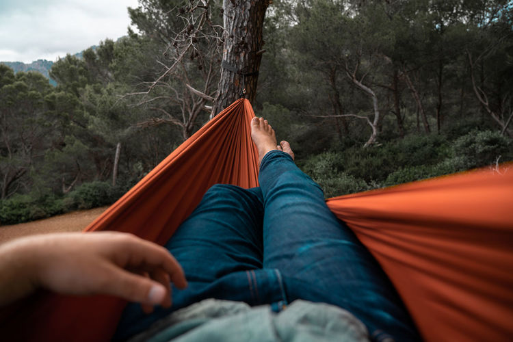 Low section of man relaxing on hammock in forest