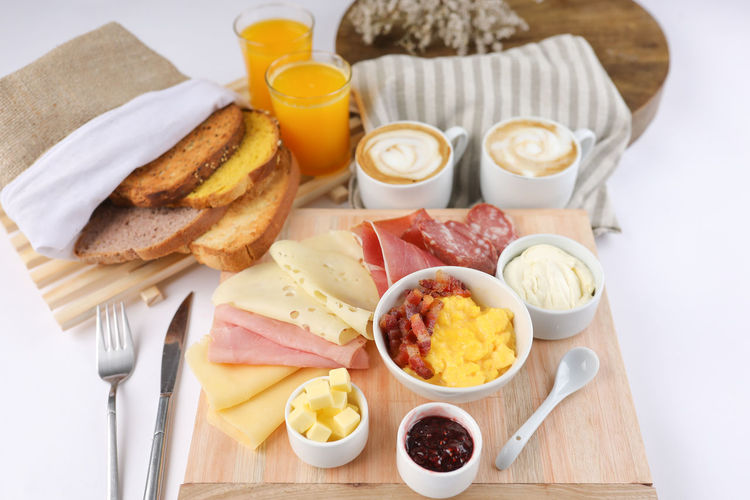 High angle view of breakfast served on table