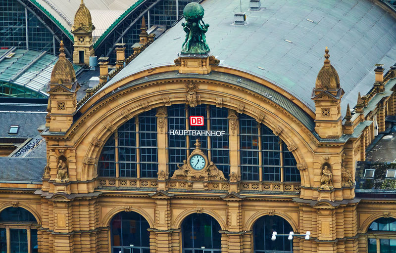 Frankfurt, germany, october 2., 2019, view from above of the entrance portal of the main station 