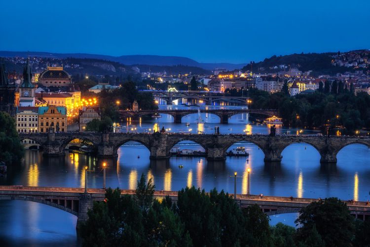 The view of prague bridges and the vltava river viewed from letna park in prague, czech republic