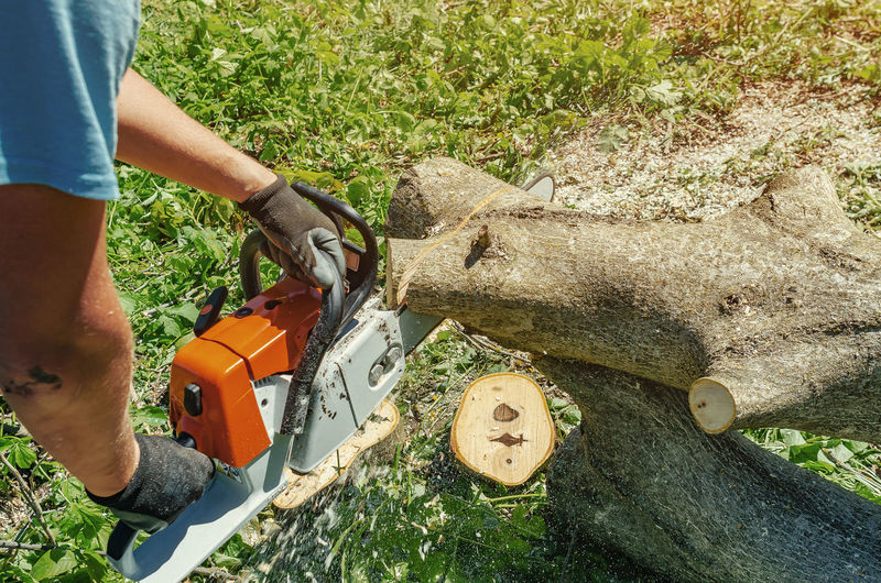 Male worker cuts wood with an electric chainsaw. person