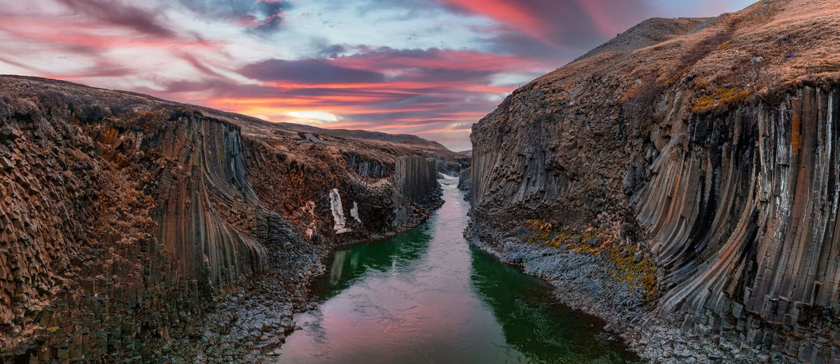 Epic view of the studlagil basalt canyon, iceland.