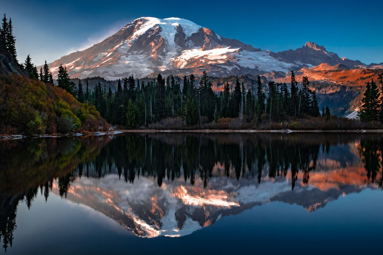 Scenic view of lake and snowcapped mountains against sky