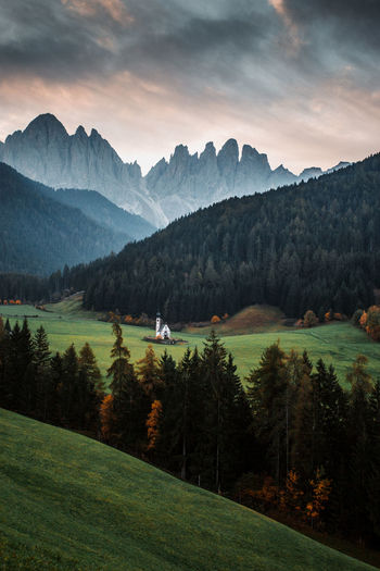 Autumn landscape at st johann church, santa maddalena, val di funes, dolomiti mountains, italy	