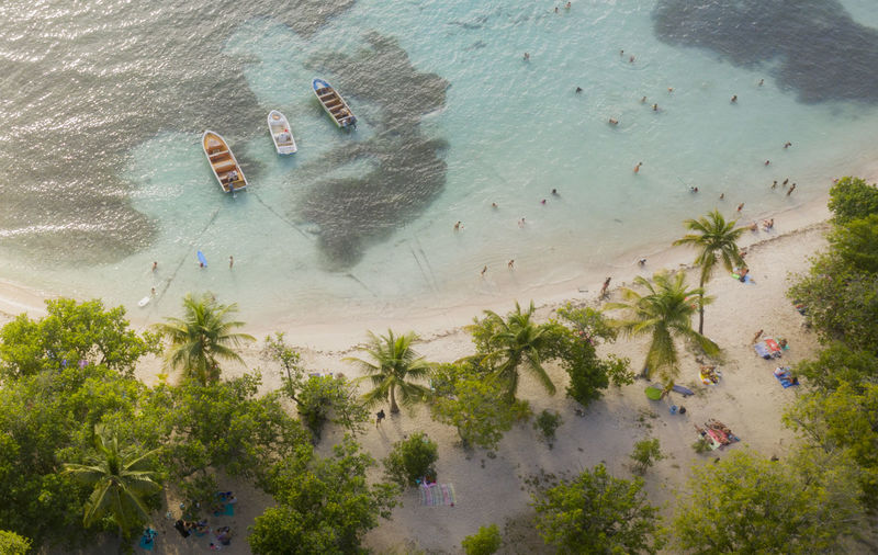 High angle view of people relaxing on beach