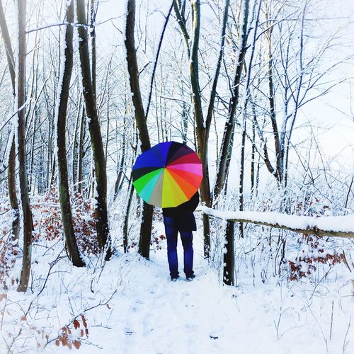 Rear view of man with colorful umbrella on snow covered field