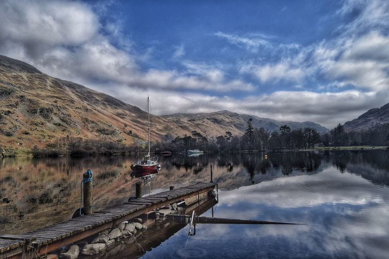 Scenic view of calm lake against cloudy sky