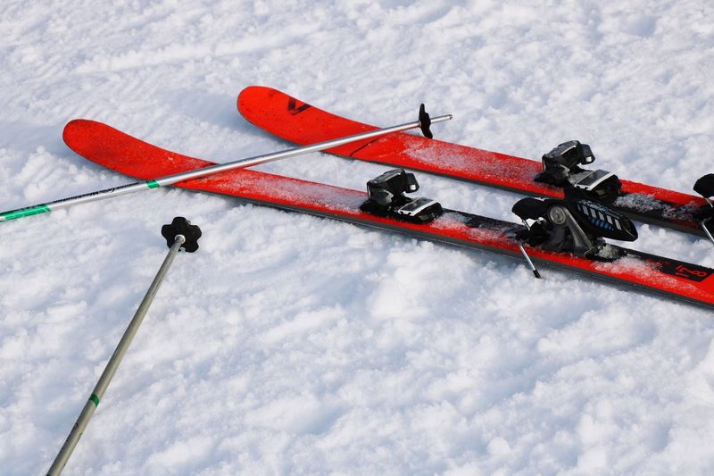 High angle view of skis on snow