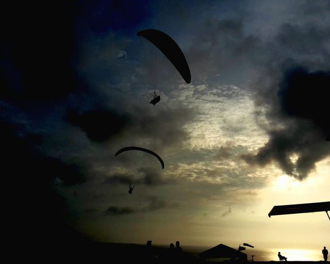 Low angle view of silhouette paragliding against sky during sunset