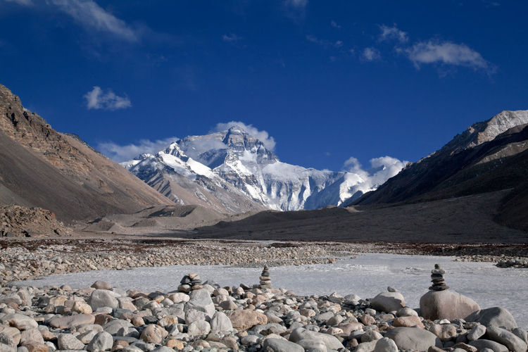 Mount everest from the tibet site near base camp at a sunny day with clear blue sky