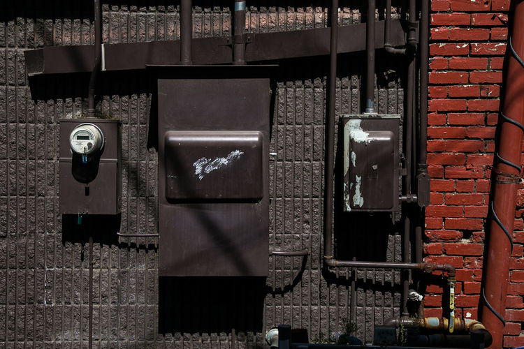 Close-up of meter boxes on wall
