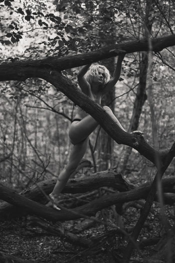 Blonde bare lady climbing on dry branches monochrome scenic photography