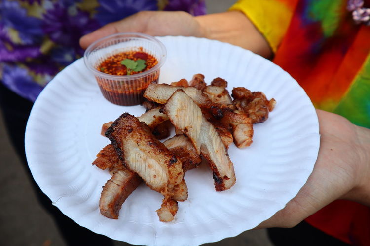 Close-up of hand holding food served in plate