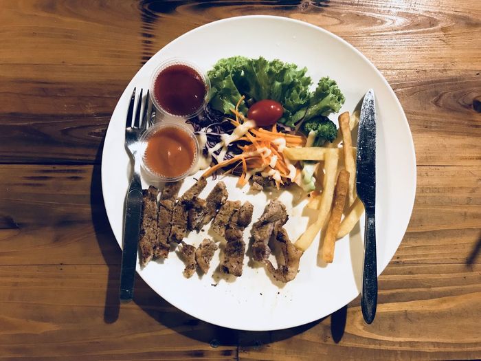High angle view of food in plate on table