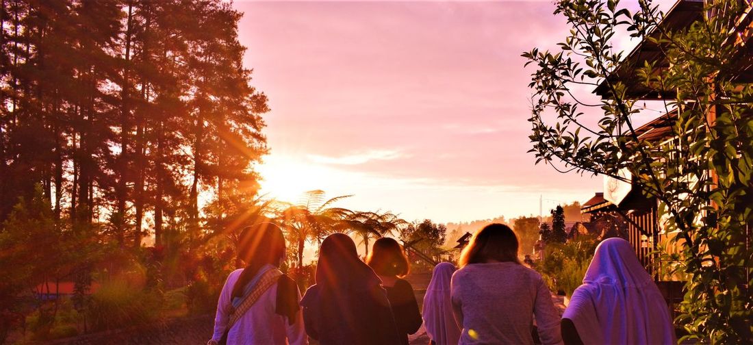 Rear view of people standing against sky during sunset