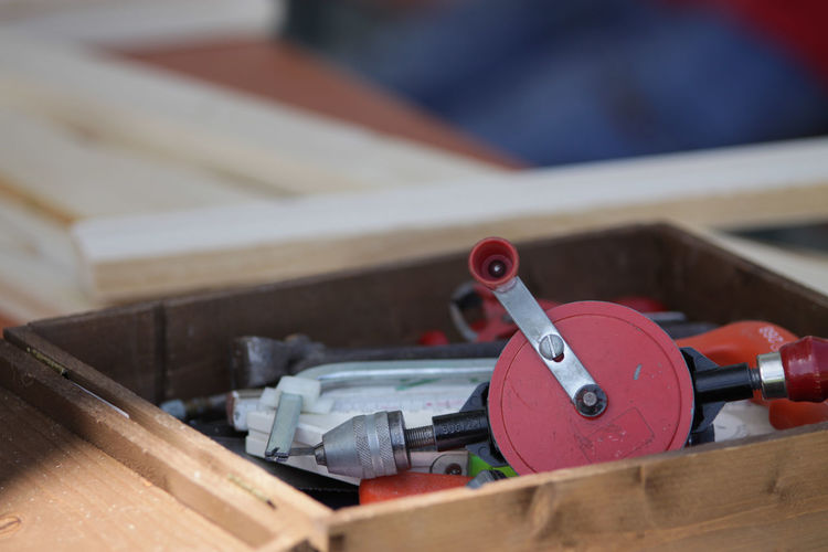 Close-up of work tool in box