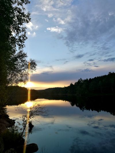 Scenic view of lake against sky during sunset
