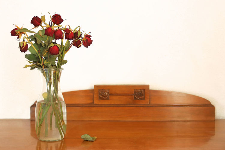 Red rose in vase on table against wall