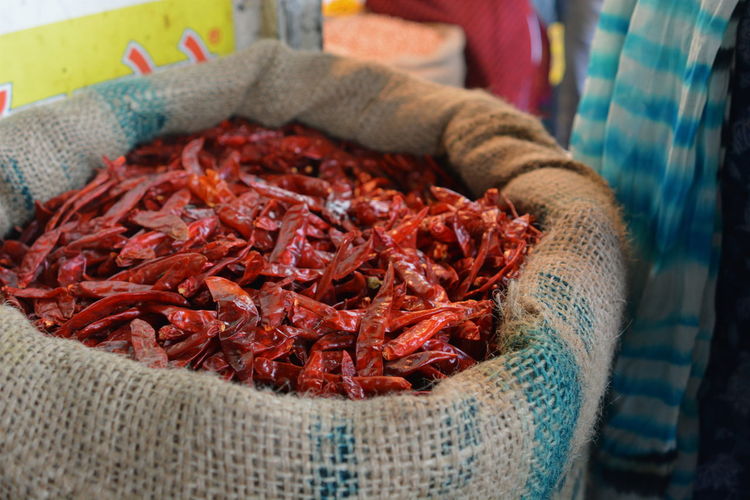Close-up of red chilies for sale