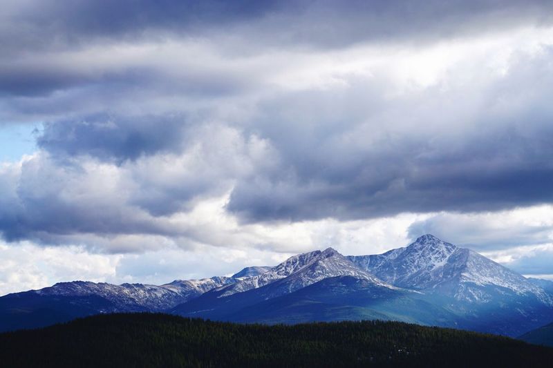 Scenic view of snowcapped mountains against cloudy sky