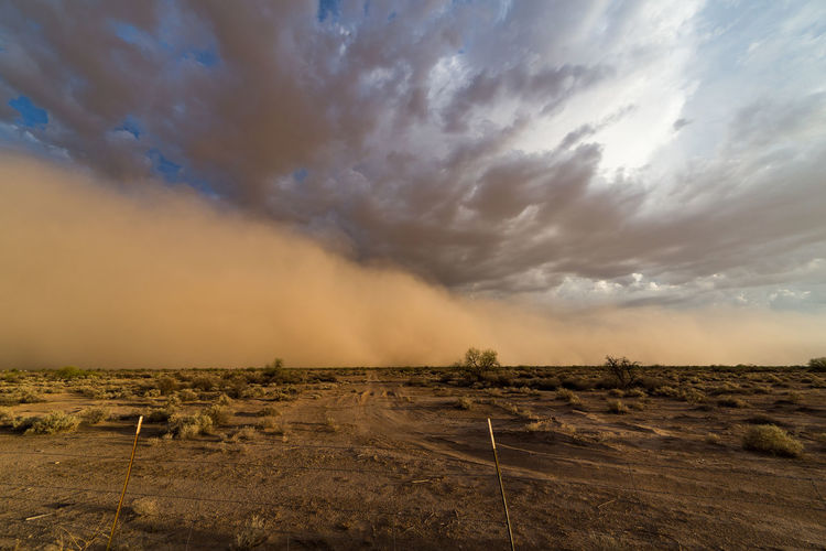 Scenic view of dust storm over desert against sky during sunset